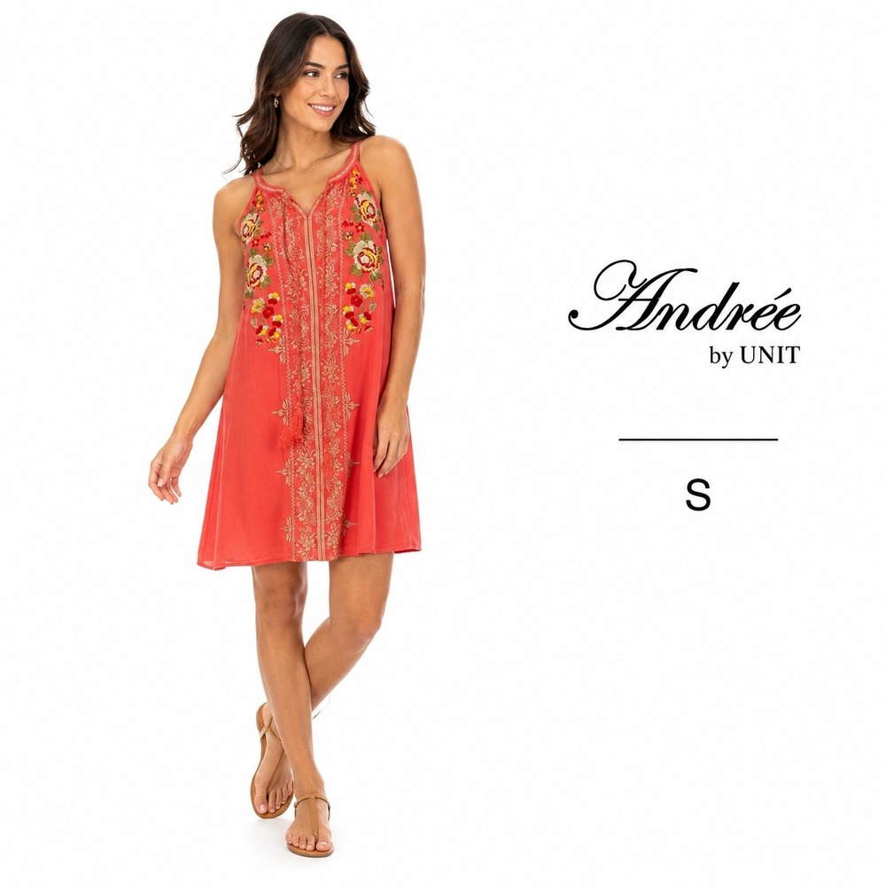 Andree by Unit Floral Embroidered Dress Women S Red Coral Boho Shift Chic Beach